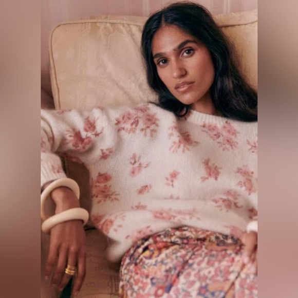 Sezane Sweaters - Sezane Cream Floral Knit Sweater with Pink Roses